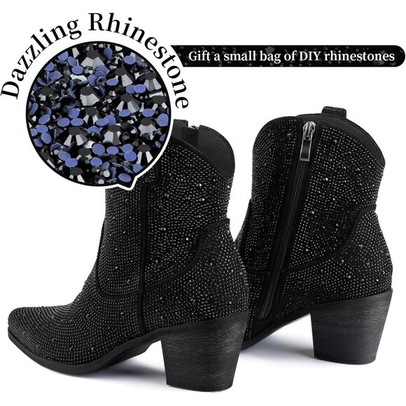 ⚡Women’s Ankle Rhinestone Black Cowboy Boots Mid Calf Pointed Toe Block Heel - Picture 2 of 6